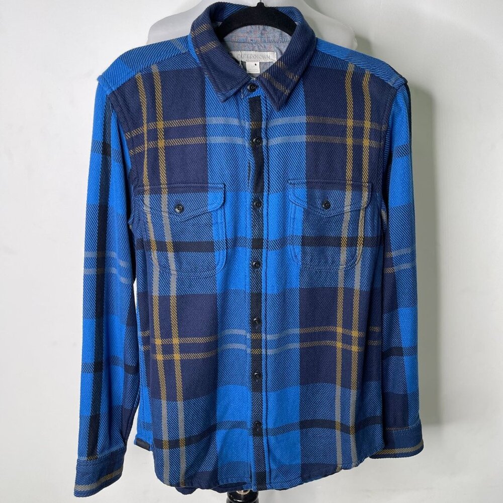 NWT Outerknown Men's Blue Gold Blanket Button Down Cotton Plaid Shirt Size Small